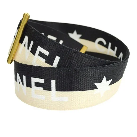 Authenticity Guarantee CHANEL CC Logos Buckle Belt Black Ivory Nylon 01S Authent - Picture 2 of 8